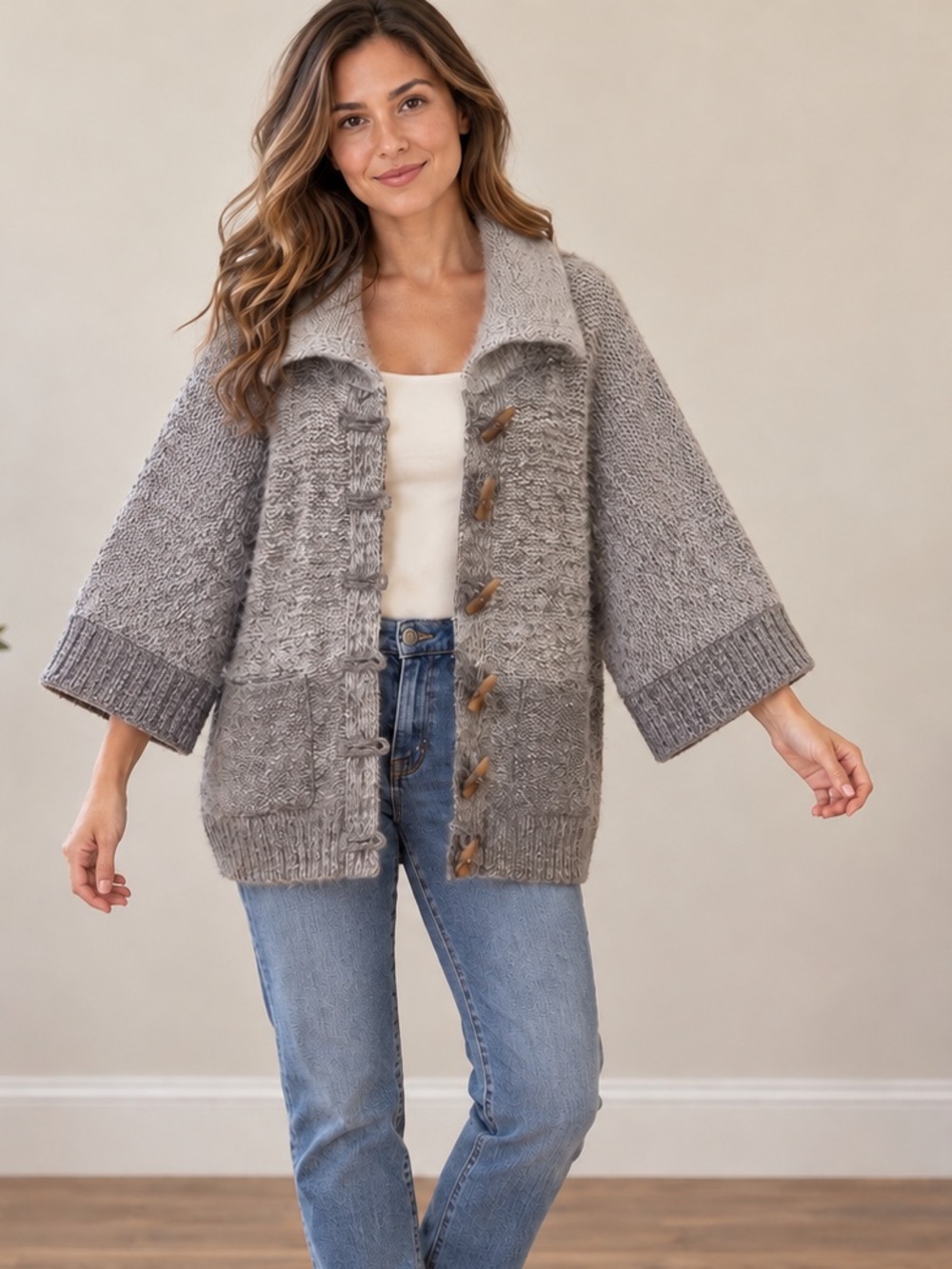 Grey Wool Alpaca Toggle Cardigan Sweater Coastal Grandma Well Made M